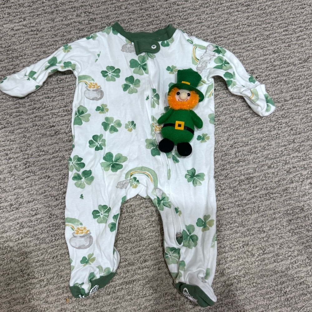 Burt's Bees White and Green Shamrock Footed One-Piece with Leprechaun